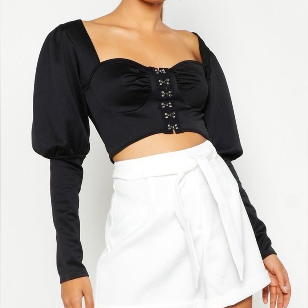 Prettylittlething Black Corset Puff Sleeve Crop Top Whimsy Size 4